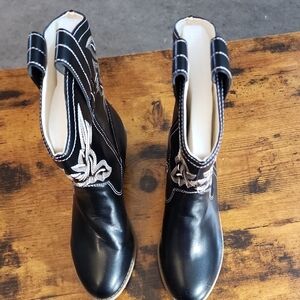 Boots Black and White Embroidered Heeled Boots